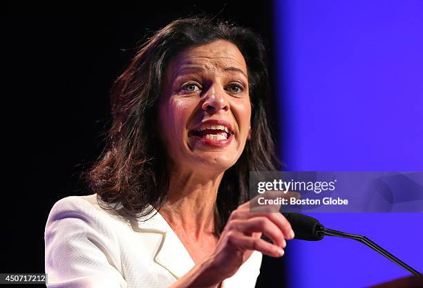 Candidate for governor Juliette Kayyem waves to the audience before her speech at the Democrat State Convention at the DCU Center in Worcester, Mass.