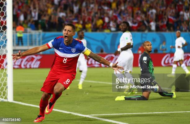 Clint Dempsey of the United States reacts after scoring his team's first goal past goalkeeper Adam Kwarasey of Ghana during the 2014 FIFA World Cup...