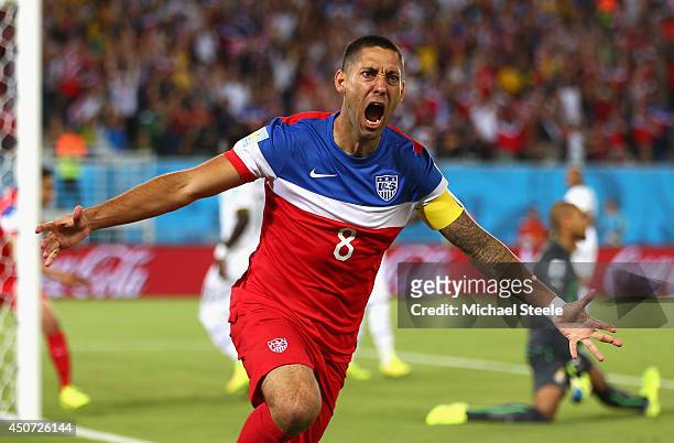 Clint Dempsey of the United States reacts after scoring his team's first goal during the 2014 FIFA World Cup Brazil Group G match between Ghana and...