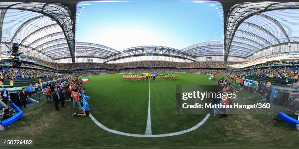 The teams line up before the 2014 FIFA World Cup Brazil Group F match between Iran v Nigeria at Arena da Baixada on June 16, 2014 in Curitiba, Brazil.
