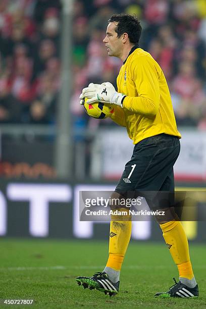 Goalkeeper David Forde of Ireland controls the ball during the International friendly match between Poland and Ireland at the Inea Stadium on...