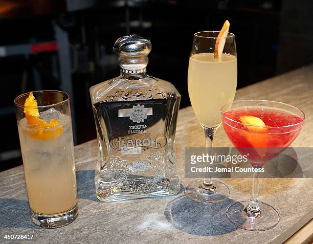 Various cocktails on display with Tequila Baron Tequila at the Tequila Baron Launch Party at Butter Restaurant on November 19, 2013 in New York City.