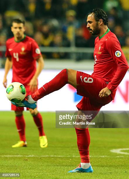 Hugo Almeida of Portugal runs with the ball during the FIFA 2014 World Cup Qualifier Play-off Second Leg match between Sweden and Portugal at Friends...