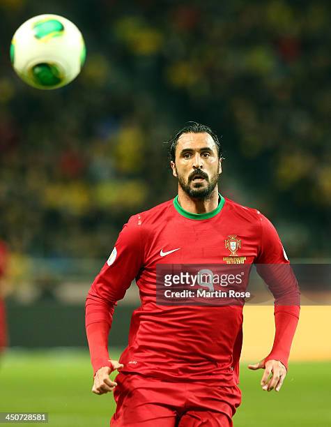 Hugo Almeida of Portugal runs with the ball during the FIFA 2014 World Cup Qualifier Play-off Second Leg match between Sweden and Portugal at Friends...