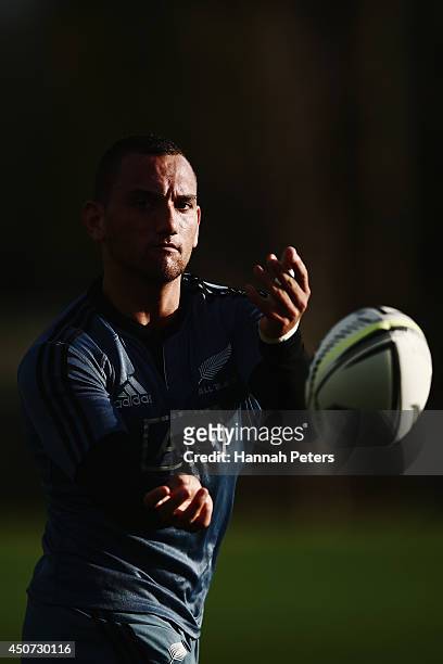Aaron Cruden of the All Blacks runs through drills during a New Zealand All Blacks training session on June 17, 2014 in Hamilton, New Zealand.