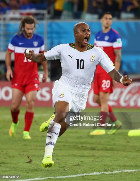 Andre Ayew of Ghana celebrates after scoring his team's first goal during the 2014 FIFA World Cup Brazil Group G match between Ghana and the United...