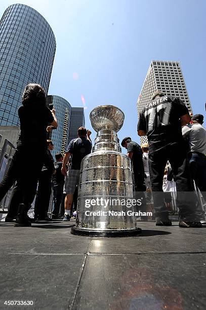 General view of the Stanley Cup trophy during the Los Angeles Kings victory parade and rally on June 16, 2014 in Los Angeles, California.