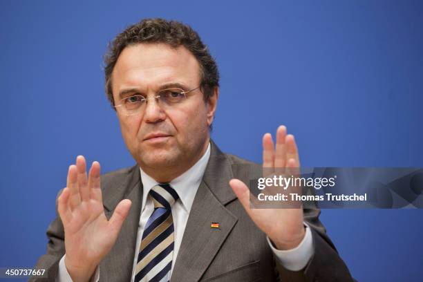 German Interior Minister Hans-Peter Friedrich speak to the media at Bundespressekonferenz on November 20, 2013 in Berlin, Germany.