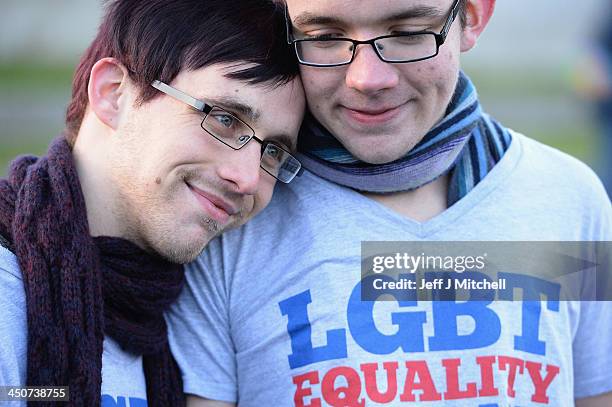 Mark Lerra and Connor Finlayson join campaigners from the Equality Network holding a rally outside the Scottish Parliament on November 20, 2013 in...