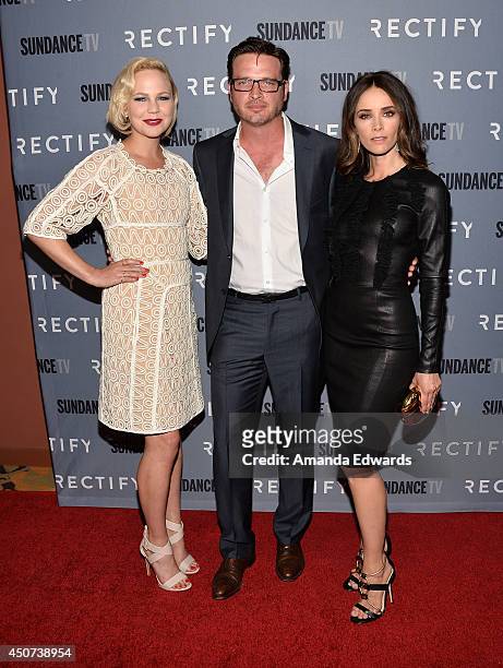 Actors Adelaide Clemens, Aden Young and Abigail Spencer arrive at the SundanceTV series "Rectify" Season 2 premiere at the Sundance Sunset Cinema on...