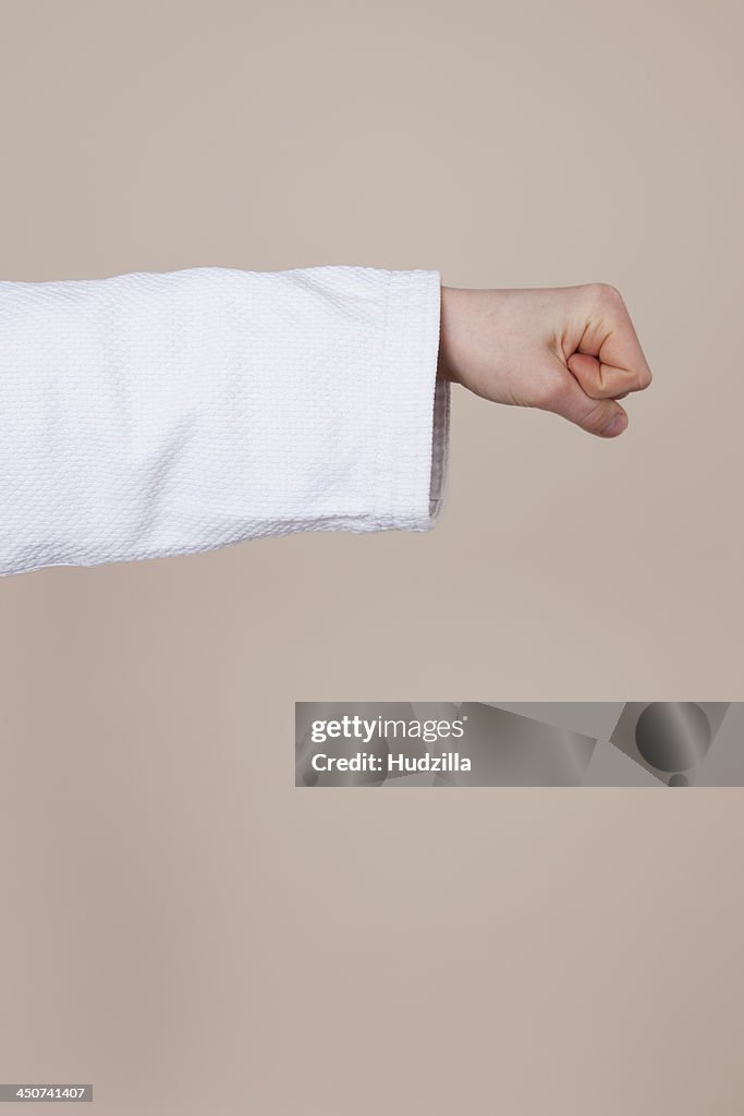 A girl in a martial arts fighting stance, close-up of arm and fist