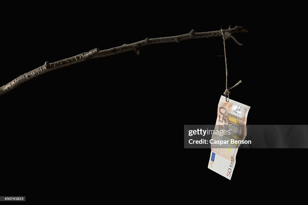 A fifty Euro banknote dangling from a crude fishing rod