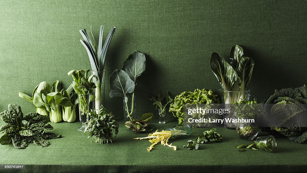 Assorted green vegetables on green table