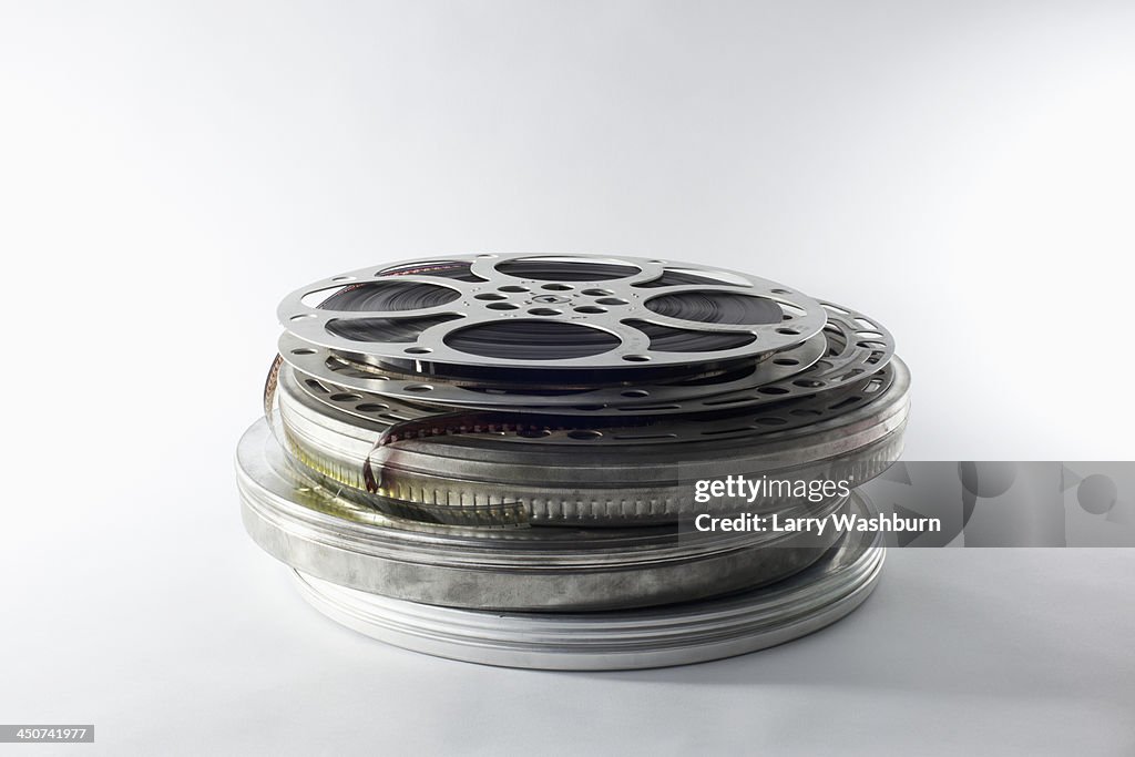 Stack of film reels in canisters