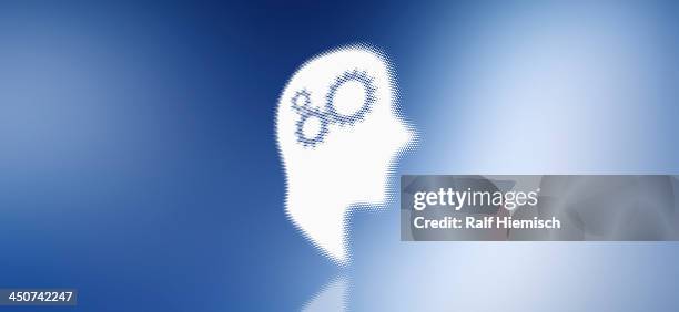 graphic of a man in profile with a cogs in his head - consider many perspectives stock illustrations