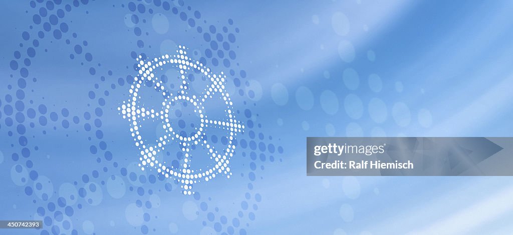 Buddhist dharmacakra symbol (wheel of life) reflected on abstract surface