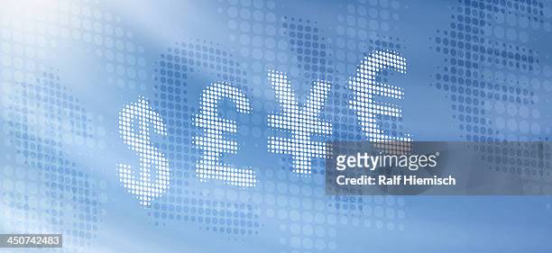 various international currency symbols reflected against abstract surface - global business stock illustrations