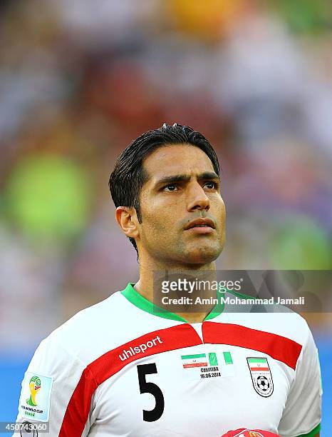 Amir Hossein Sadeghi of Iran looks on during the 2014 FIFA World Cup Brazil Group F match between Iran and Nigeria at Arena da Baixada on June 16,...