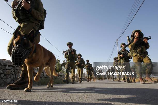 Israeli soldiers, some with a dog, walk in lines during an operation in the West Bank town of Hebron on June 17, 2014 as Israeli forces broadened the...