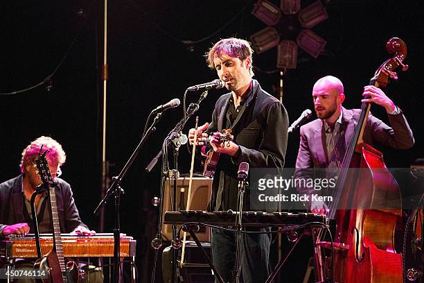 Musicians Eric Heywood, Andrew Bird, and Alan Hampton perform in concert at the Paramount Theatre on June 16, 2014 in Austin, Texas.