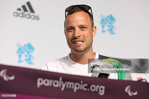 Oscar Pistorius of South Africa during the Press Conference ahead of the London 2012 Paralympic Games at [venue] on August 28, 2012 in London,...