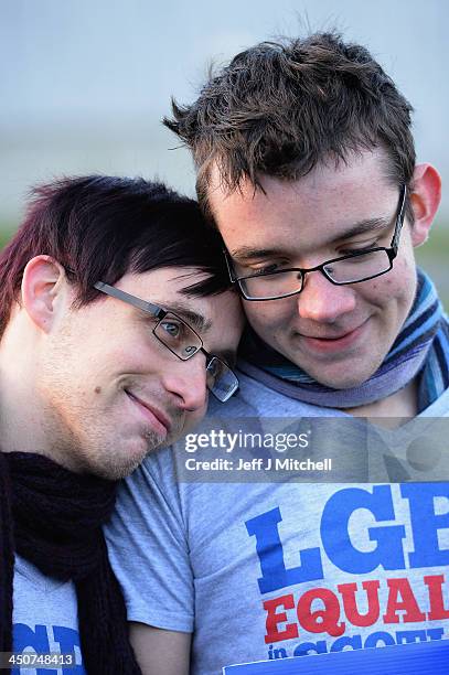 Mark Lerra and Connor Finlayson join campaigners from the Equality Network hold ing a rally outside the Scottish Parliament on November 20, 2013 in...