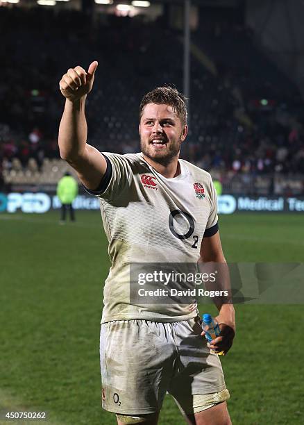 Ed Slater, the England captain, celebrates his teams victory during the match between the Crusaders and England at the AMI Stadium on June 17, 2014...