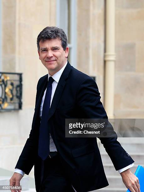 French Economy Minister Arnaud Montebourg arrives at the Elysee Palace for a meeting with the French president regarding a bid for the energy assets...