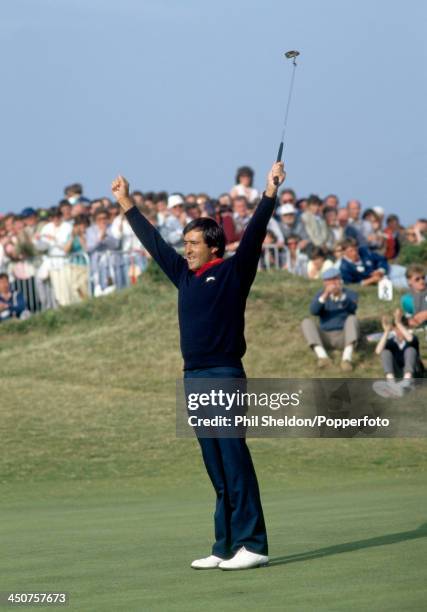 Severiano Ballesteros of Spain celebrates after making the final putt to win the Irish Open Golf Tournament held at the Portmarnock Golf Club,...