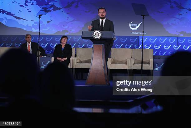 Actor Leonardo DiCaprio speaks as U.S. Secretary of State John Kerry and Under Secretary Catherine Novelli listen during the second and the final day...