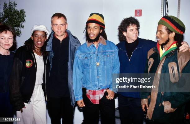 Laurie Anderson, Sharon Marley, Peter Gabriel, Ziggy Marley, Lou Reed and Stephen Marley at a Witness Party at Chelsea Piers in New York City on...
