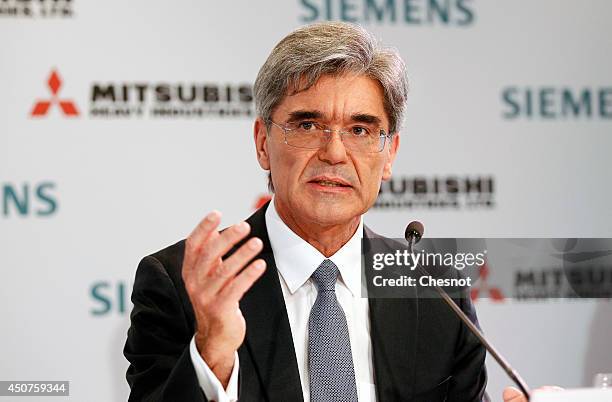 Siemens CEO Joe Kaeser delivers a speech during a press conference about Siemens-MHI proposals for Alstom on June 17 in Paris, France. Mitsubishi...