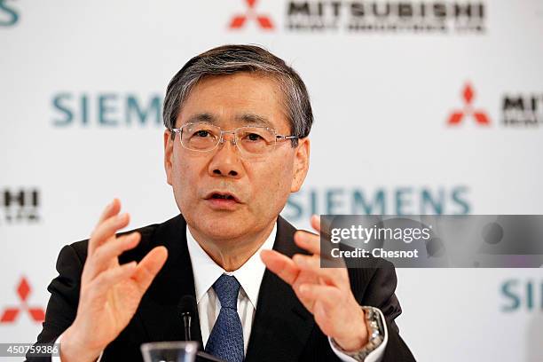 Mitsubishi Heavy Industries CEO Shunichi Miyanaga delivers a speech during a press conference about Siemens-MHI proposals for Alstom on June 17 in...