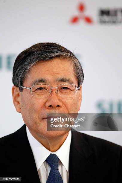 Mitsubishi Heavy Industries CEO Shunichi Miyanaga delivers a speech during a press conference about Siemens-MHI proposals for Alstom on June 17 in...