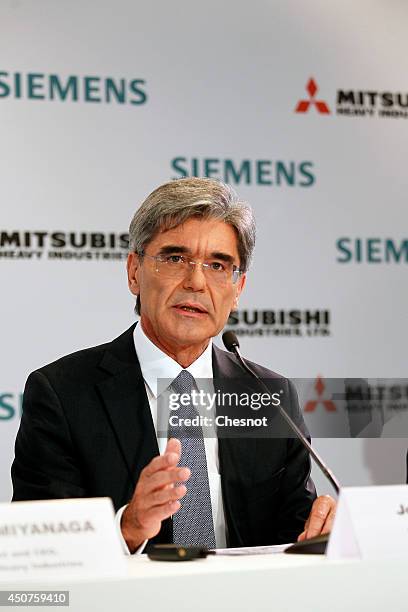 Mitsubishi Heavy Industries CEO Shunichi Miyanaga delivers a speech during a press conference about Siemens-MHI proposals for Alstom on June 17 in...