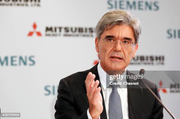 Siemens CEO Joe Kaeser delivers a speech during a press conference about Siemens-MHI proposals for Alstom on June 17 in Paris, France. Mitsubishi...