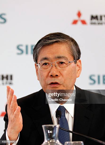 Mitsubishi Heavy Industries CEO Shunichi Miyanaga delivers a speech during a press conference about Siemens-MHI proposals for Alstom on June 17 in...