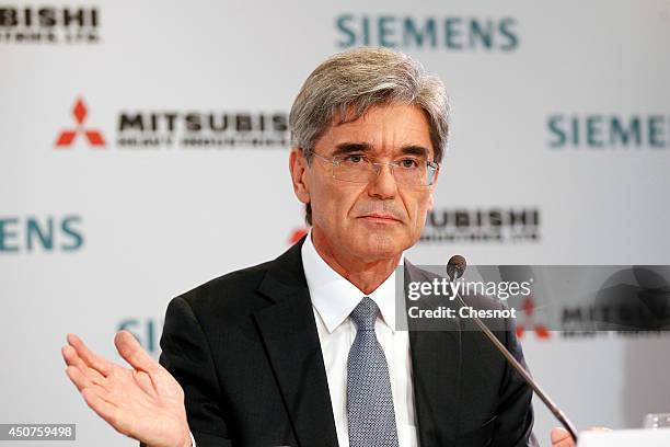 Siemens CEO Joe Kaeser delivers a speech during a press conference about Siemens-MHI proposals for Alstom on June 17 in Paris, France. Mitsubishi...