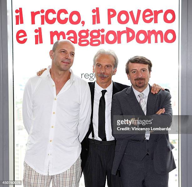 Aldo Baglio, Giovanni Storti and Giacomo Poretti known as Aldo, Giovanni e Giacomo attend the 'Il Ricco, Il Povero E Il Maggiordomo' - On Set...