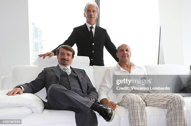 Giacomo Poretti, Giovanni Storti and Aldo Baglio, known as Aldo, Giovanni e Giacomo attend the 'Il Ricco, Il Povero E Il Maggiordomo' - On Set...