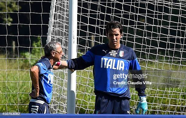 Doctor Enrico Castellacci and Gianluigi Buffon of Italy during a training session on June 17, 2014 in Rio de Janeiro, Brazil.
