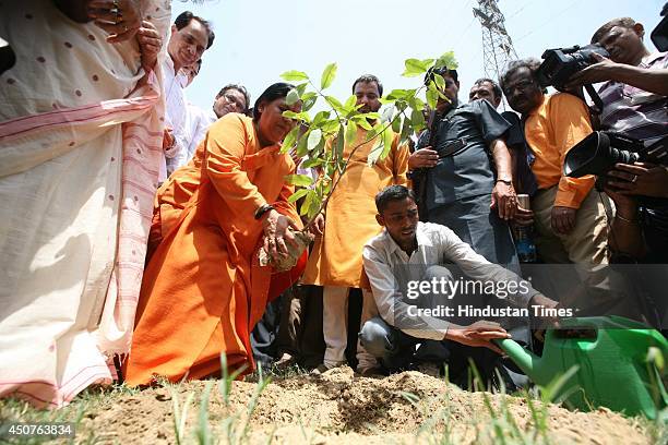 Union Water Resources Minister Uma Bharti plant a sapling in the memory of Kedarnath tragedy victims to tribute to the Kedarnath tragedy victims of...