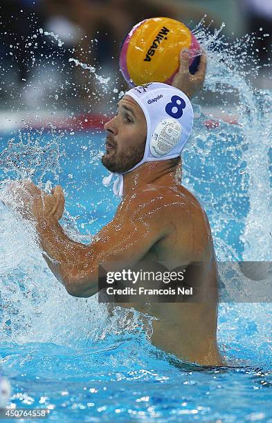 Marton Szivos of Hungary in action during the Fina Men's Water Polo World League Super Final Group Match between Hungary and Canada at the Hamdan...