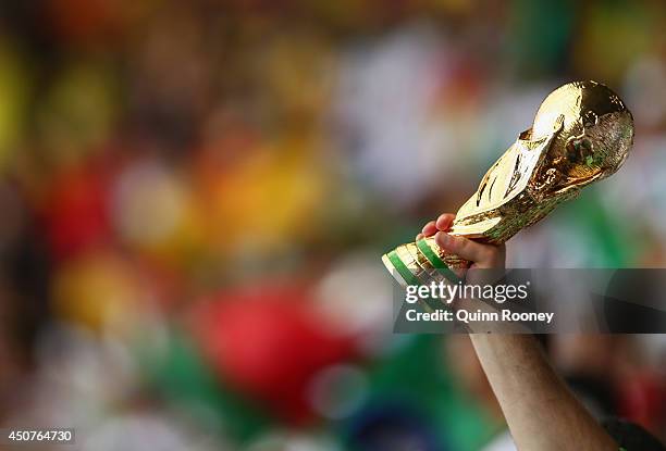 Fan holds up a replica of the World Cup trophy during the 2014 FIFA World Cup Brazil Group H match between Belgium and Algeria at Estadio Mineirao on...