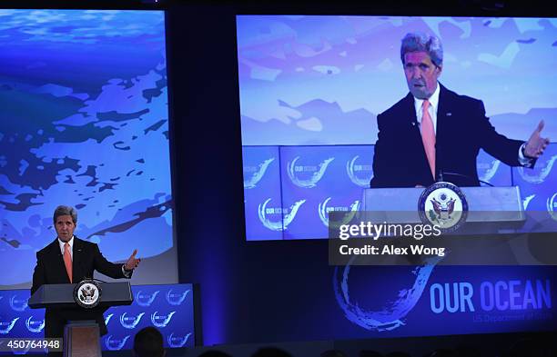 Secretary of State John Kerry speaks during the second and the final day of the "Our Ocean" conference June 17, 2014 at the State Department in...