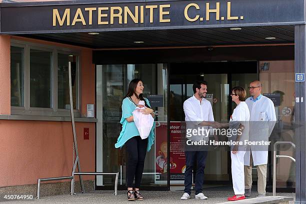 Prince Felix of Luxembourg and Princess Claire of Luxembourg leave with their daughter Princess Amalia, Gabriela, Maria Teresa the Maternity...
