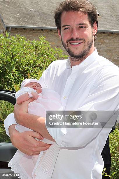 Prince Felix of Luxembourg presents his daughter Princess Amalia, Gabriela, Maria Teresa after leaving the Maternity Grand-Duchesse Charlotte Centre...