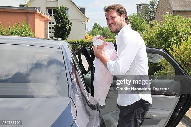 Prince Felix of Luxembourg presents his daughter Princess Amalia, Gabriela, Maria Teresa after leaving the Maternity Grand-Duchesse Charlotte Centre...