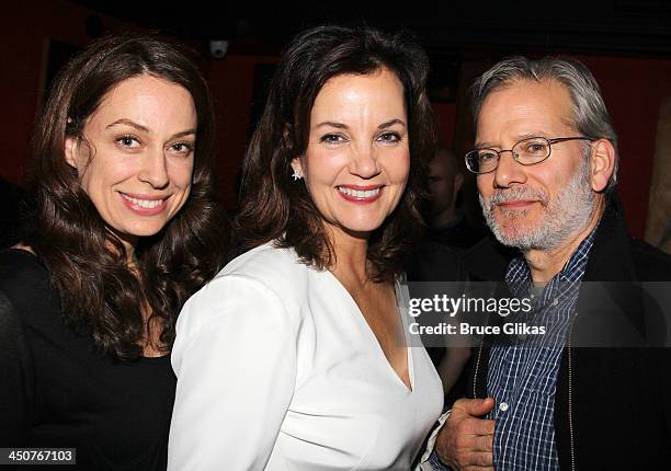 Kathleen McElfresh, Margaret Colin and Campbell Scott pose at the opening night party for "Taking Care of Baby" at Faces & Names Lounge on November...