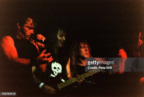 Blaze Bayley, Dave Murray, Janick Gers and Steve Harris of Iron Maiden perform on stage at Brixton Academy, on November 10th, 1995 in London, England.
